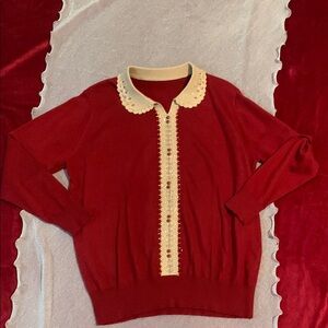 Red Merino Wool Sweater w/ Cream Rhinestone Knit Collar/Lining Sz L/XL